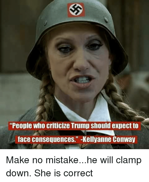Figure 25: Kellyanne Conway’s face is photoshopped onto the body of a Nazi soldier wearing a helmet with a swastika clearly visible; she is mid-sentence and looks to be angry. Highlighted with a red background, the white text at the bottom reads “‘People who criticize Trump should expect to face consequences.’ -Kellyanne Conway.”